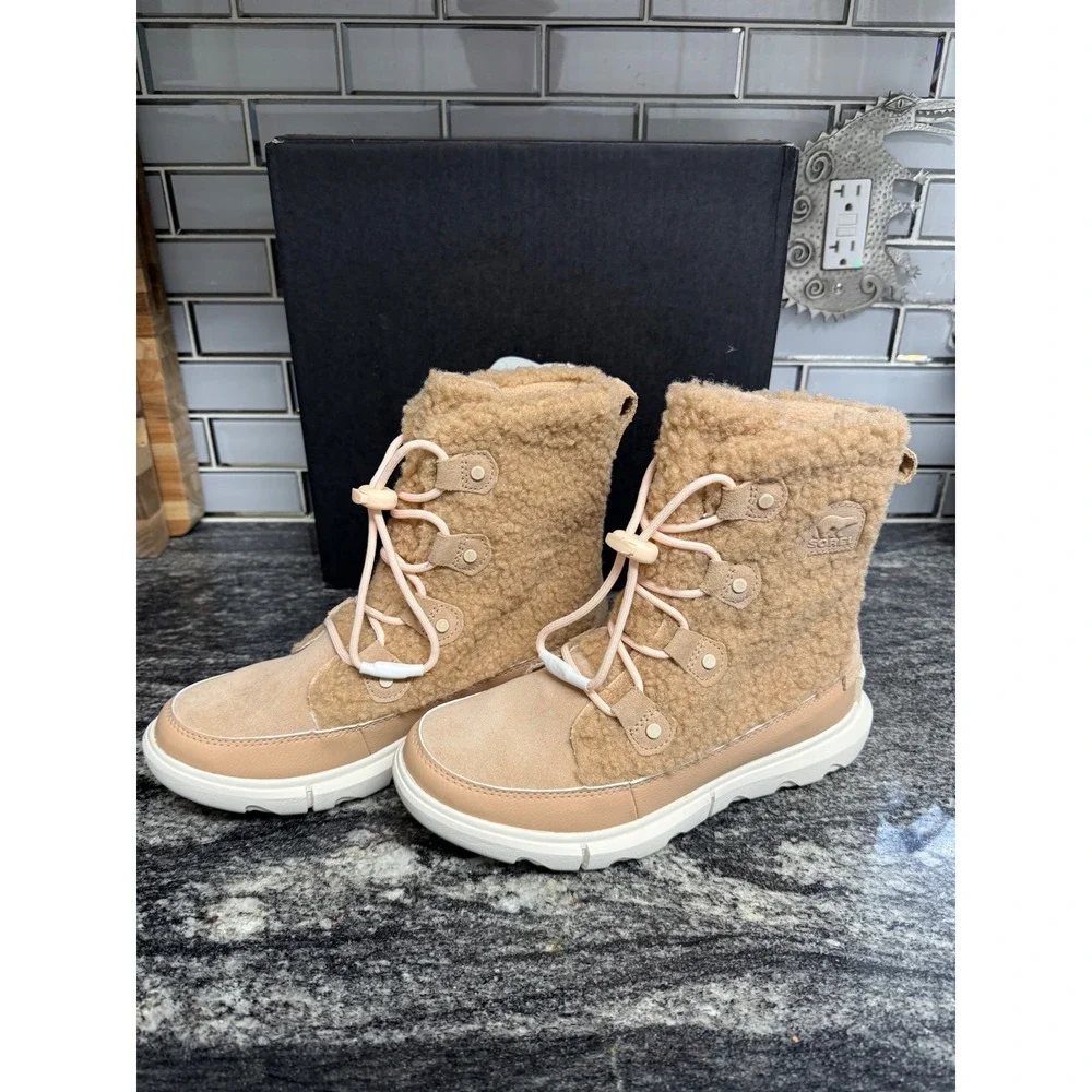 Sorel Explorer Cozy Youth Girl Boots Canoe Chalk Waterproof Faux Fur Sz 5